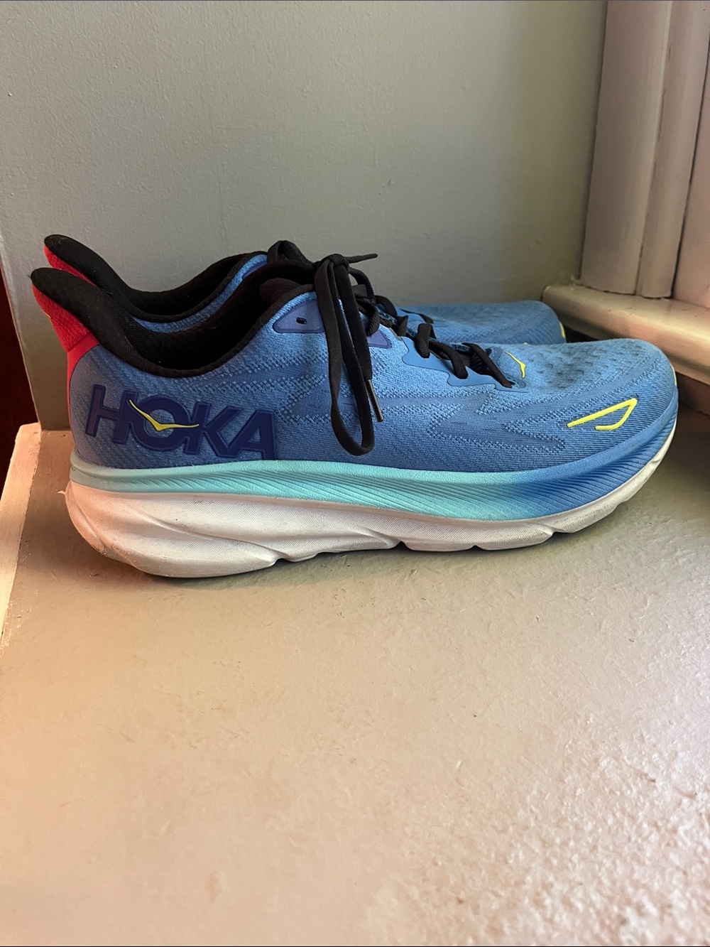 Hoka Clifton 9 Men's Blue Athletic Running Shoes with Yellow Accents - Picture 2 of 4